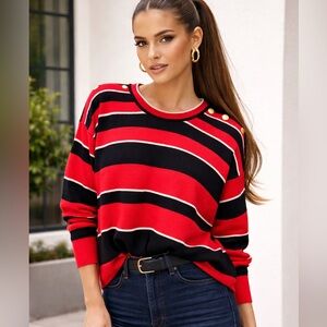 Liz Claiborne Red and Black Striped Top with Gold Trim